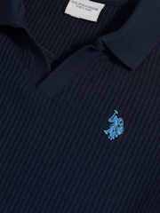 U.S. Polo Assn Blue Mini Vertical Texture Jersey Knit Open Collar Polo Shirt - Image 8 of 8