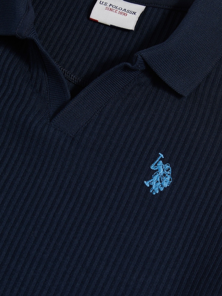 U.S. Polo Assn Blue Mini Vertical Texture Jersey Knit Open Collar Polo Shirt - Image 8 of 8