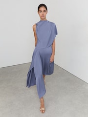 Reiss Lilac Purple Naomi Petite Satin One-Shoulder Draped Midi Dress - Image 5 of 9