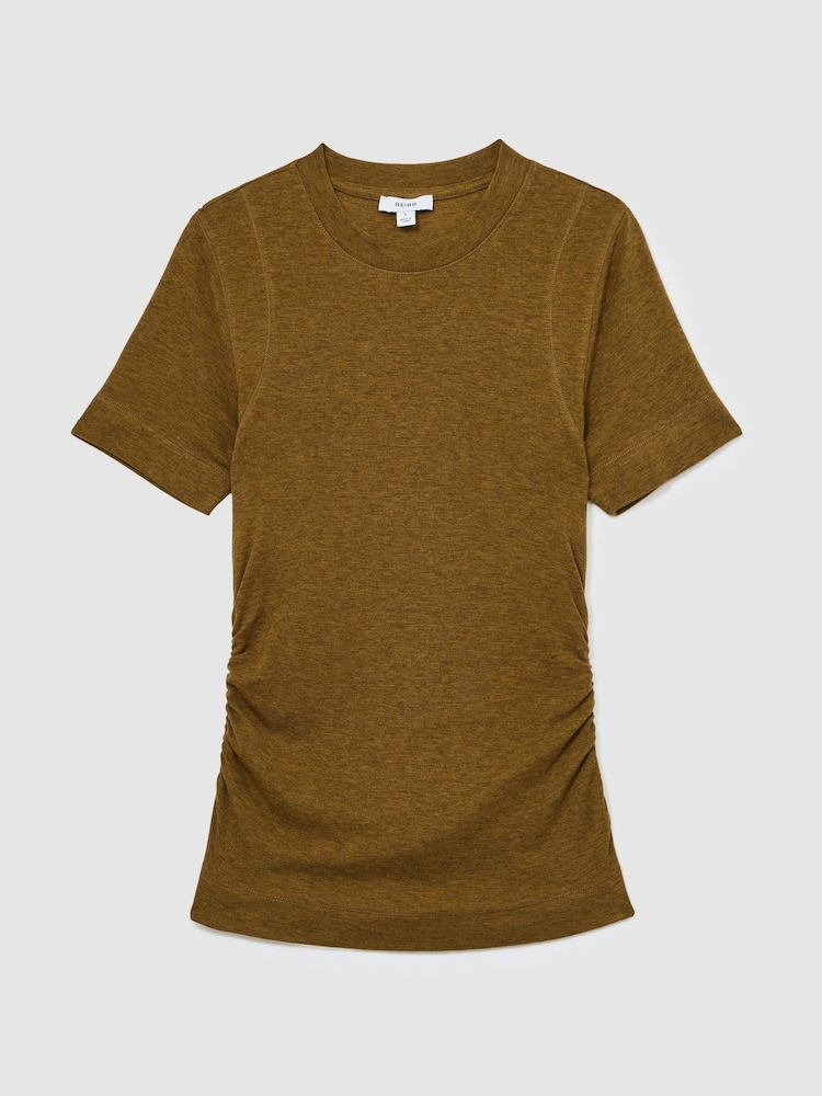 Reiss Ochre Green Dotty Lyocell-Wool Ruched Crew-Neck T-Shirt - Image 2 of 6