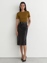 Reiss Ochre Green Dotty Lyocell-Wool Ruched Crew-Neck T-Shirt - Image 3 of 6