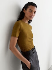 Reiss Ochre Green Dotty Lyocell-Wool Ruched Crew-Neck T-Shirt - Image 4 of 6