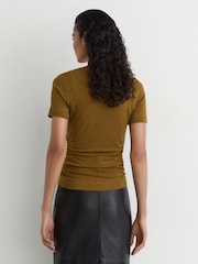 Reiss Ochre Green Dotty Lyocell-Wool Ruched Crew-Neck T-Shirt - Image 5 of 6
