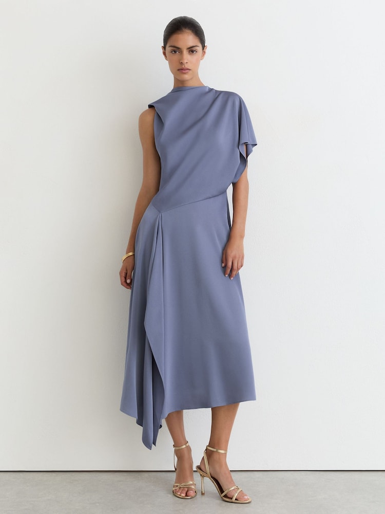 Violet lilas - Robe midi drapée asymétrique en satin Naomi de Reiss - Image 1 sur 8 Violet lilas - Robe midi drapée asymétrique en satin Naomi de Reiss - Image 1 sur 8