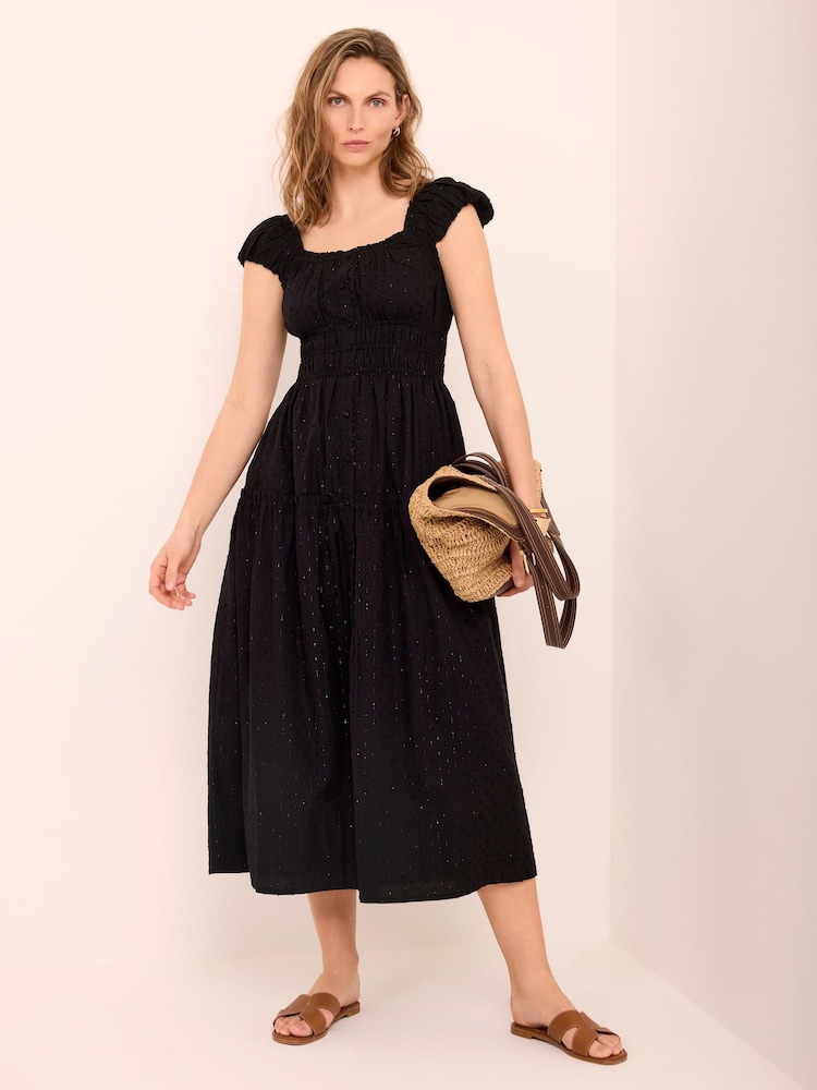 Mint Velvet Black Cotton Blend Textured Midi Dress - Image 1 of 8
