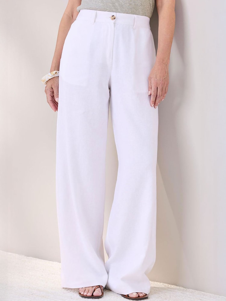Cotton Traders White Linen Blend Wide Leg Trousers - Image 1 of 4