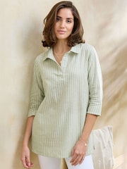 Cotton Traders Green Stripe 3/4 Sleeve Cotton Linen Overshirt - Image 1 of 4