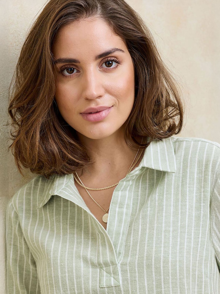 Cotton Traders Green Stripe 3/4 Sleeve Cotton Linen Overshirt - Image 4 of 4