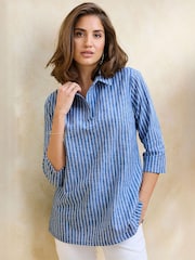 Cotton Traders Blue Stripe 3/4 Sleeve Cotton Linen Overshirt - Image 1 of 4