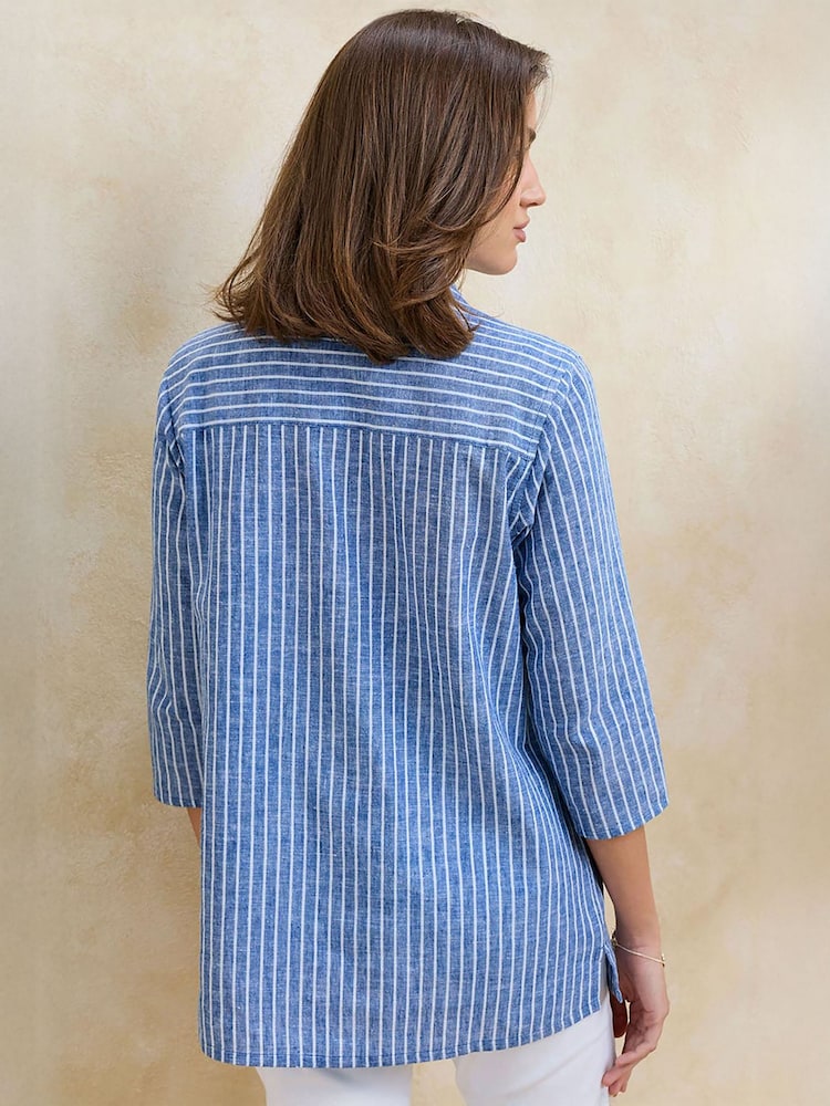 Cotton Traders Blue Stripe 3/4 Sleeve Cotton Linen Overshirt - Image 2 of 4