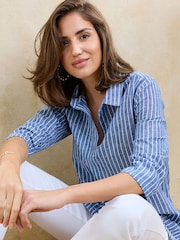 Cotton Traders Blue Stripe 3/4 Sleeve Cotton Linen Overshirt - Image 4 of 4