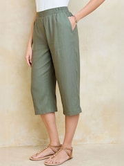 Cotton Traders Green Linen Blend Cropped Trousers - Image 1 of 4