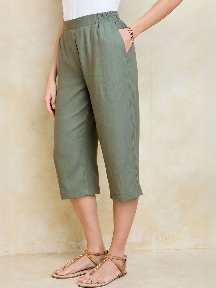 Cotton Traders Green Linen Blend Cropped Trousers - Image 1 of 4