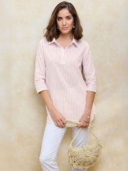 Cotton Traders White Stripe 3/4 Sleeve Cotton Linen Overshirt - Image 2 of 4