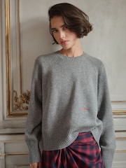 BHOEM Grey Crew Neck Wool Blend Jumper With Embroidery Detail - Image 1 of 6