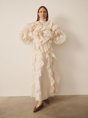 Cream - CERENE Organza Ruffle Straight Midi Skirt - Imaginea 1 din 12