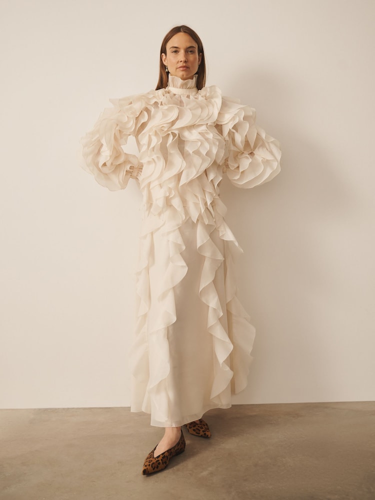 Cream - CERENE Organza Ruffle Straight Midi Skirt - Imaginea 1 din 12