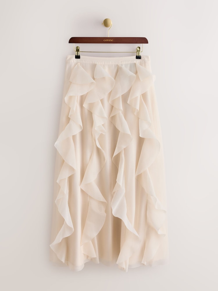 Cream - CERENE Organza Ruffle Straight Midi Skirt - Imaginea 2 din 12