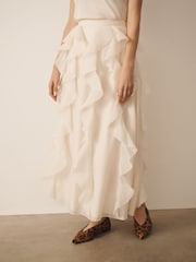 Cream - CERENE Organza Ruffle Straight Midi Skirt - Imaginea 3 din 12