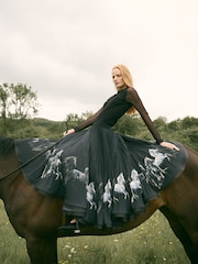 CERENE Becca Black Elegance Horse Print Pleated Mesh Trim Midi Skirt - Image 1 of 11