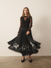 CERENE Becca Black Elegance Horse Print Pleated Mesh Trim Midi Skirt - Image 2 of 11