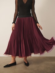 CERENE Becca Burgundy Red Pleated Mesh Trim Midi Skirt - Image 1 of 9