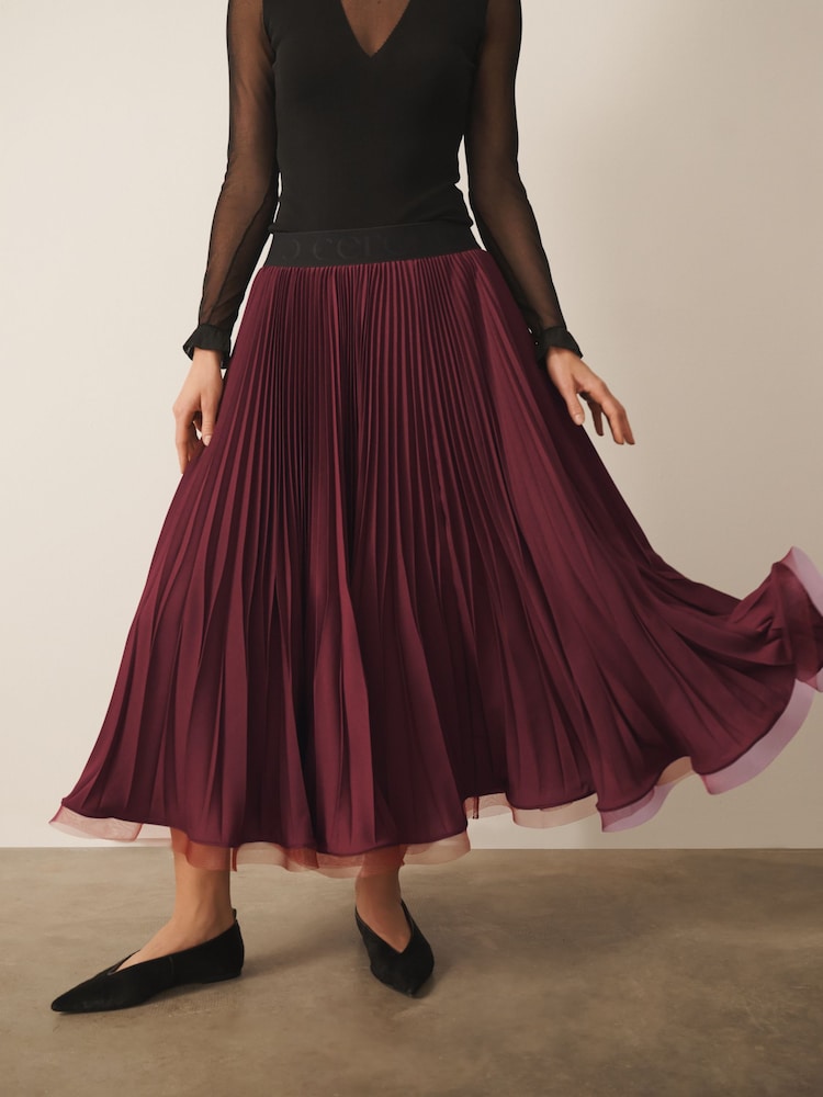 CERENE Becca Burgundy Red Pleated Mesh Trim Midi Skirt - Image 1 of 9