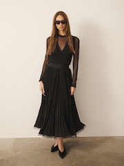Zwart - CERENE Pleated Mesh Trim Midi Skirt - Afbeelding 1 van 11