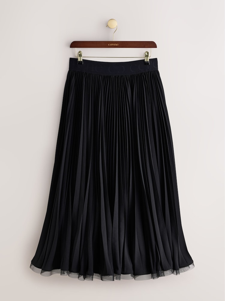Zwart - CERENE Pleated Mesh Trim Midi Skirt - Afbeelding 2 van 11