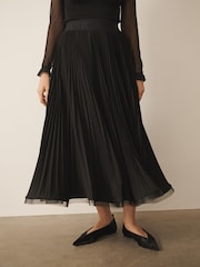 Zwart - CERENE Pleated Mesh Trim Midi Skirt - Afbeelding 3 van 11