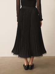 Zwart - CERENE Pleated Mesh Trim Midi Skirt - Afbeelding 5 van 11