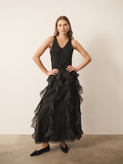 CERENE Frances Black Organza Ruffle Straight Midi Skirt - Image 1 of 12