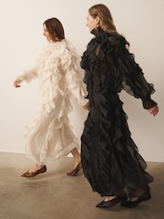 CERENE Frances Black Organza Ruffle Straight Midi Skirt - Image 3 of 12