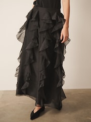 CERENE Frances Black Organza Ruffle Straight Midi Skirt - Image 4 of 12