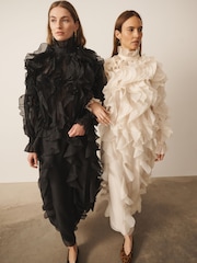CERENE Frances Black Organza Ruffle Straight Midi Skirt - Image 5 of 12