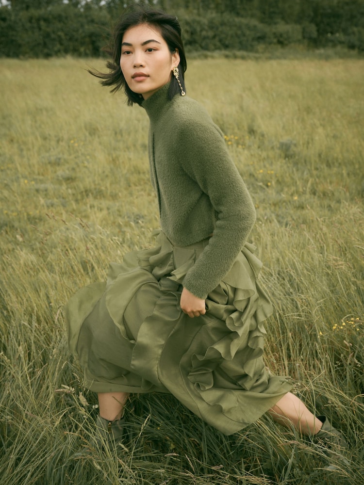 Verde - CERENE Organza Ruffle Straight Midi Skirt - Imaginea 1 din 10
