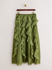 Verde - CERENE Organza Ruffle Straight Midi Skirt - Imaginea 2 din 10