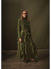 Verde - CERENE Organza Ruffle Straight Midi Skirt - Imaginea 3 din 10
