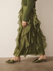 Verde - CERENE Organza Ruffle Straight Midi Skirt - Imaginea 4 din 10