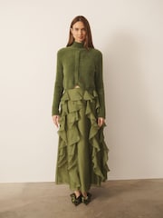 Verde - CERENE Organza Ruffle Straight Midi Skirt - Imaginea 5 din 10