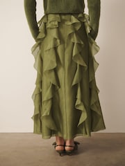 Verde - CERENE Organza Ruffle Straight Midi Skirt - Imaginea 6 din 10