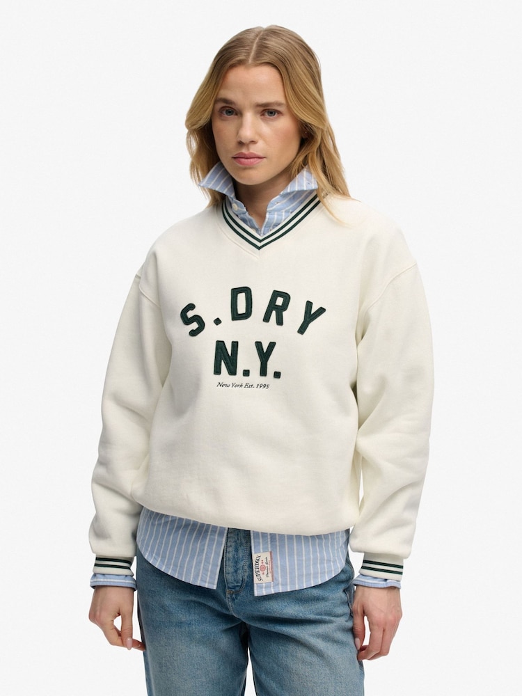 SUPERDRY Cream Country Club Applique V-neck Sweatshirt - Image 1 of 6