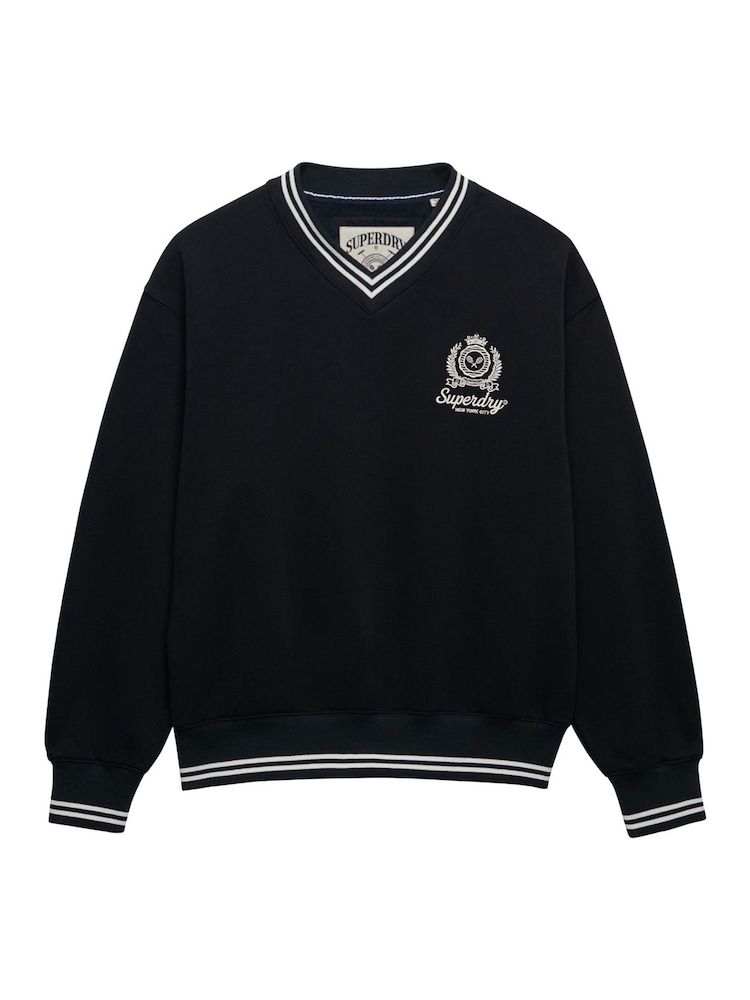 SUPERDRY Blue Country Club Crest V-Neckline Sweatshirt - Image 1 of 1 SUPERDRY Blue Country Club Crest V-Neckline Sweatshirt - Image 1 of 1