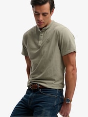 SUPERDRY Green Classic Cotton Linen Short Sleeve Grandad T-Shirt - Image 1 of 5