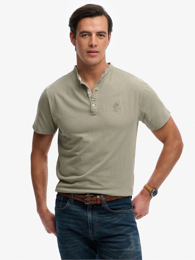 SUPERDRY Green Classic Cotton Linen Short Sleeve Grandad T-Shirt - Image 2 of 5
