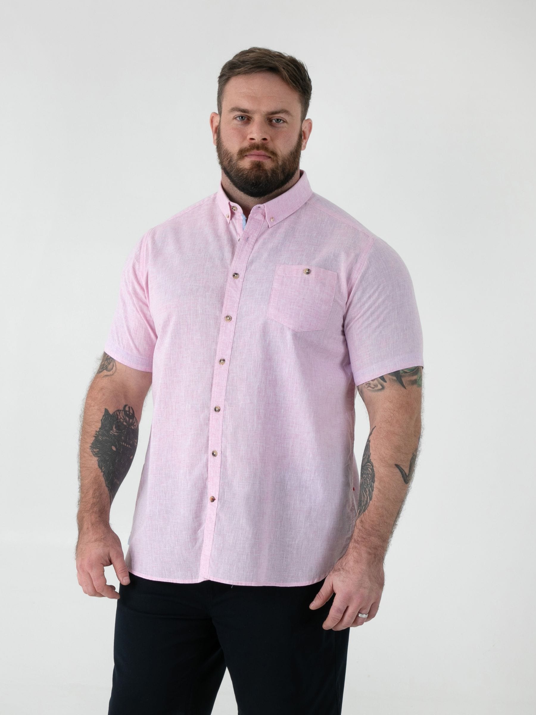 D555 Men's Pink Linen Mix Short Sleeve Shirt With Button Down Collar & Pocket - Image 1