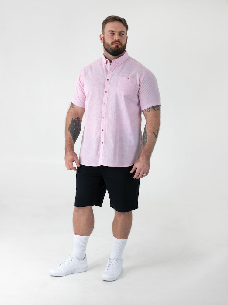 D555 Pink Linen Mix Short Sleeve Shirt With Button Down Collar & Pocket - Image 2 of 6