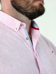 D555 Pink Linen Mix Short Sleeve Shirt With Button Down Collar & Pocket - Image 5 of 6