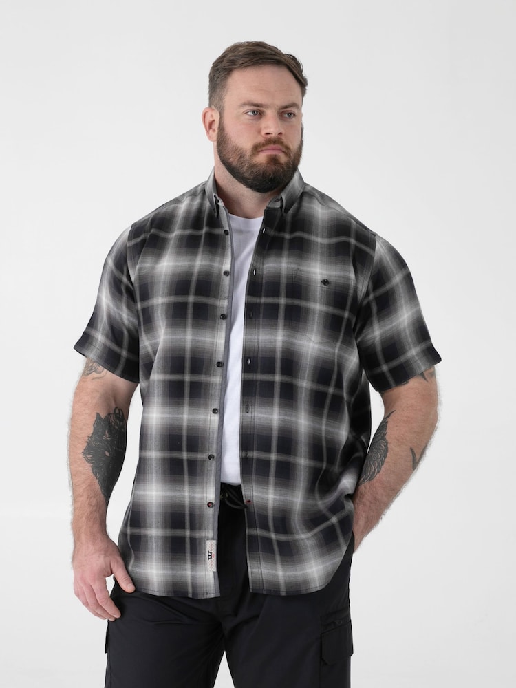 D555 Black Shadow Check Button Down Collar Short Sleeve Shirt With Pocket - Image 1 of 6
