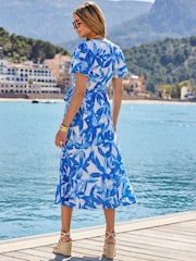 Sosandar Blue Floral Print Ruffle Hem Wrap Dress - Image 2 of 5